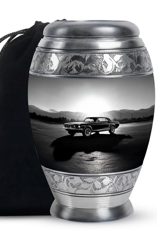 Dove Gray Car Cremation Urn back view with polished surface - regal car design with crown-inspired accents - full-size 10 inch 200 cubic inch adult cremation urn