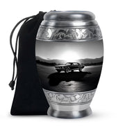Dove Gray Car Cremation Urn back view with polished surface - regal car design with crown-inspired accents - full-size 10 inch 200 cubic inch adult cremation urn