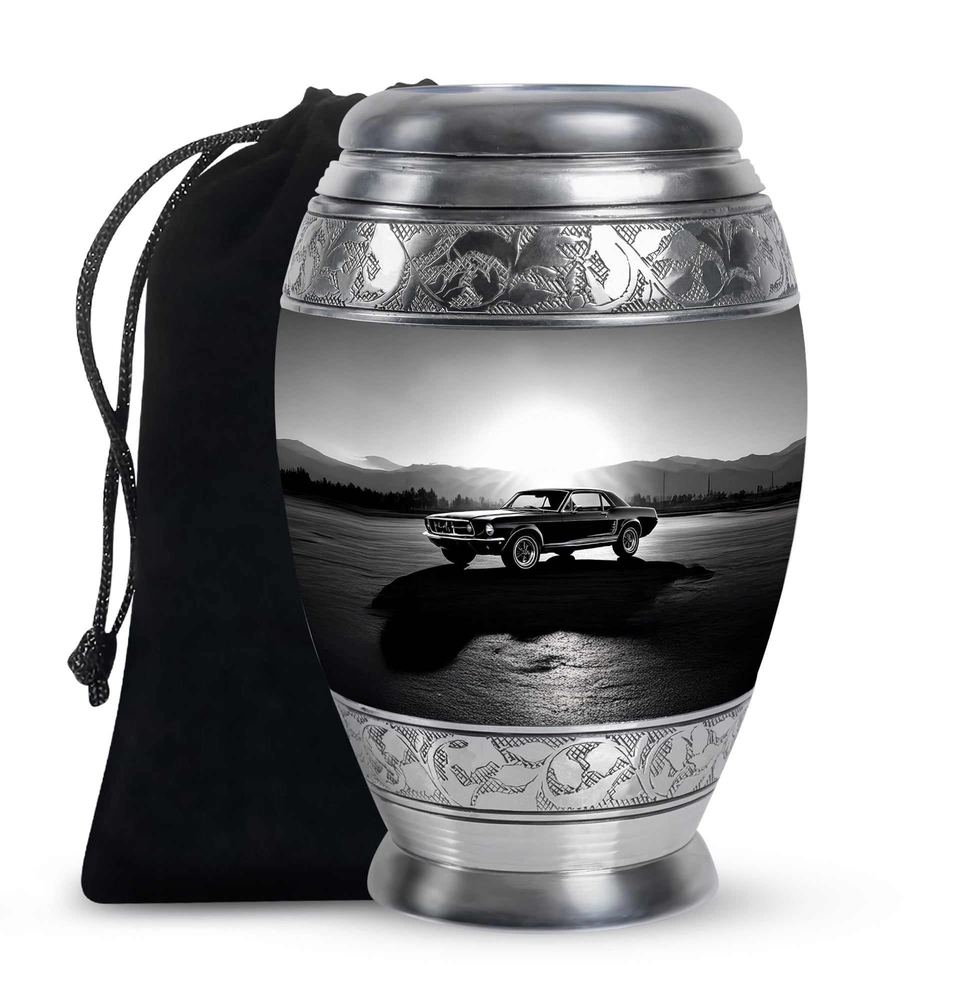 Dove Gray Car Cremation Urn back view with polished surface - regal car design with crown-inspired accents - full-size 10 inch 200 cubic inch adult cremation urn