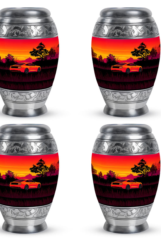 Ruby Red Car Cremation Urn urn with complimentary velvet bag - royal car engraving with decorative scrollwork - 10 inch aluminum urn for cremated remains