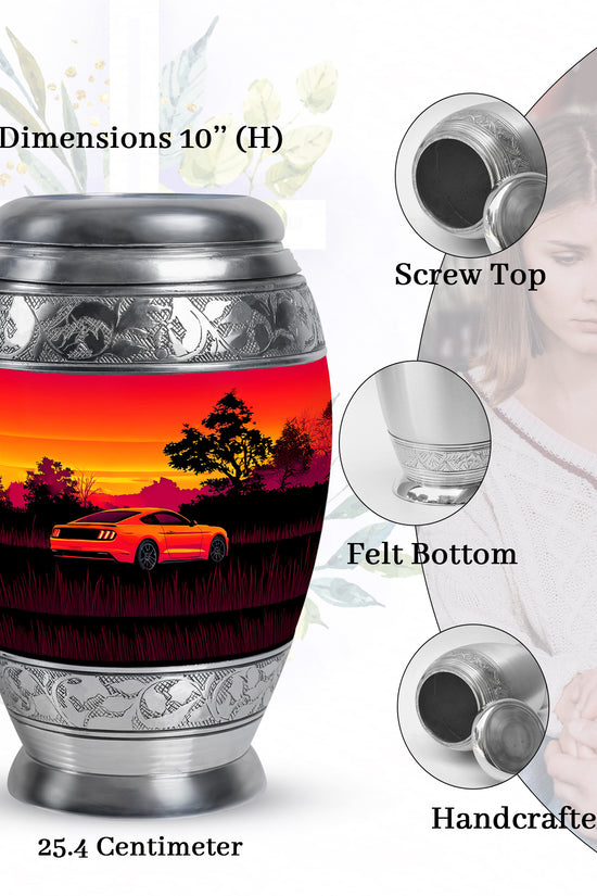Rich Red Car Cremation Urn lifestyle display on memorial shelf - royal car engraving with decorative scrollwork - mini keepsake memorial for portion of cremation ashes