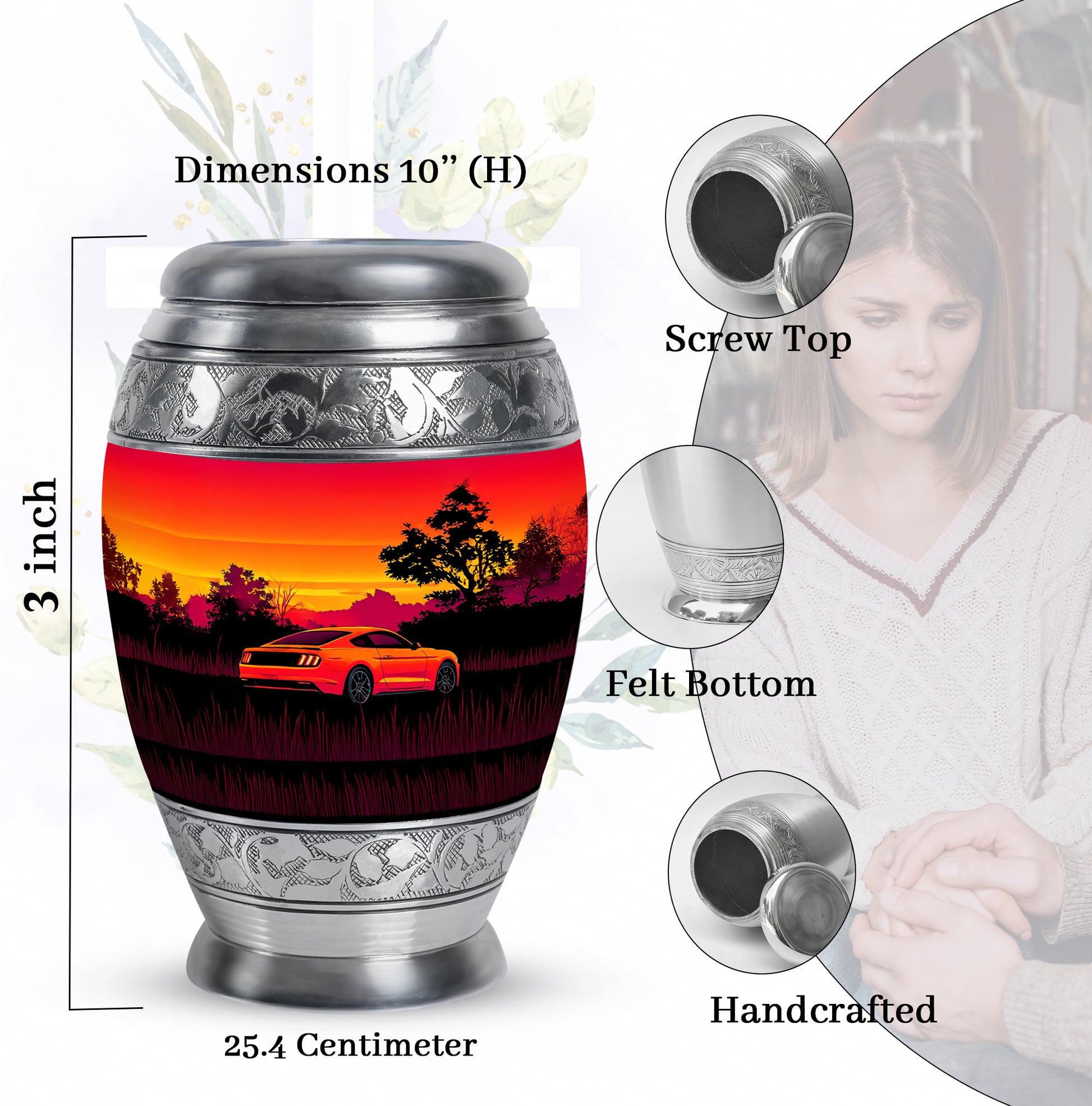 Rich Red Car Cremation Urn lifestyle display on memorial shelf - royal car engraving with decorative scrollwork - mini keepsake memorial for portion of cremation ashes