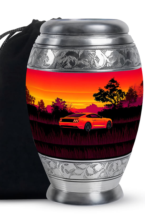 Garnet Red Car Cremation Urn back view with polished surface - regal car design with crown-inspired accents - full-size 10 inch 200 cubic inch adult cremation urn