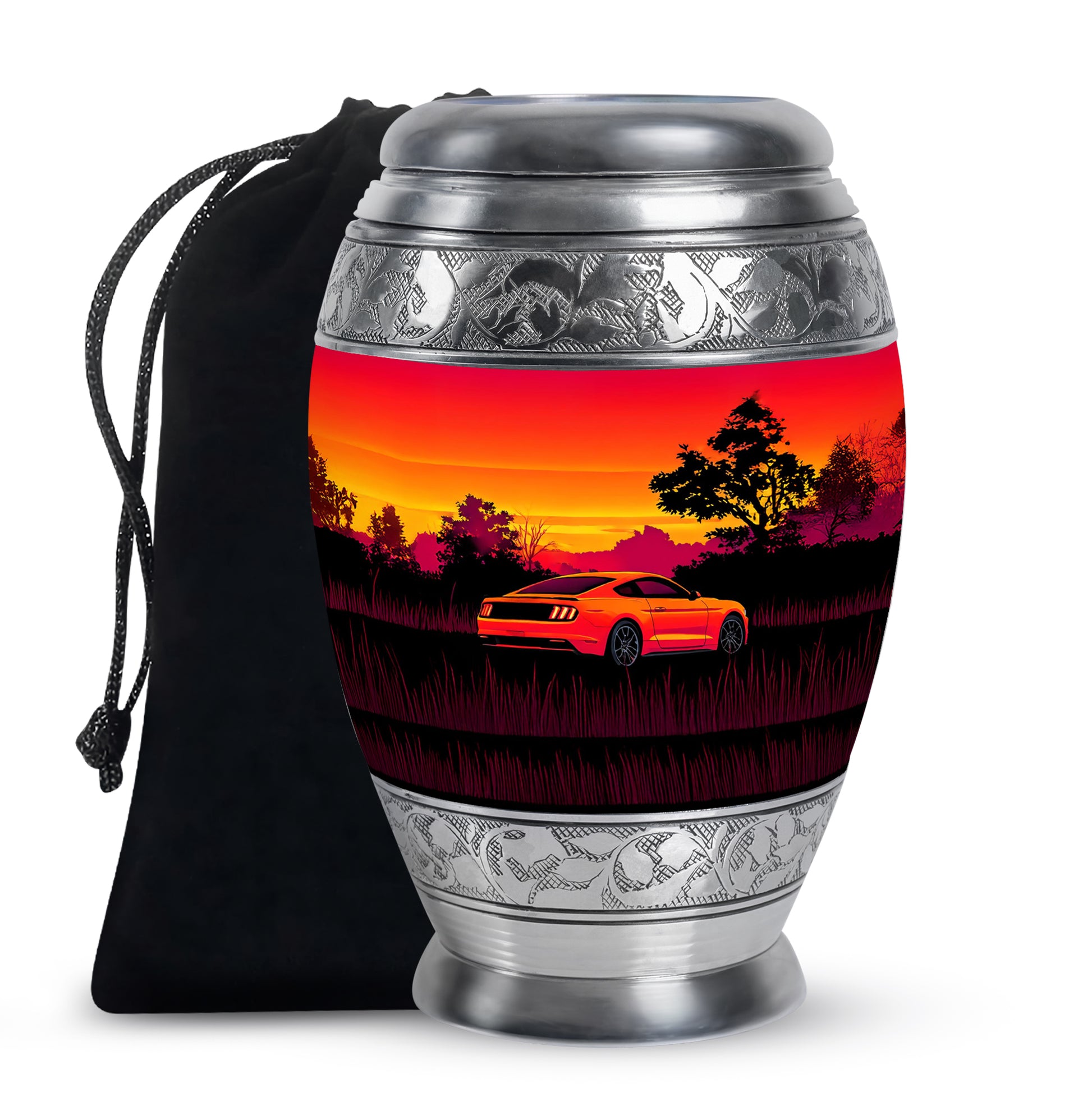 Garnet Red Car Cremation Urn back view with polished surface - regal car design with crown-inspired accents - full-size 10 inch 200 cubic inch adult cremation urn
