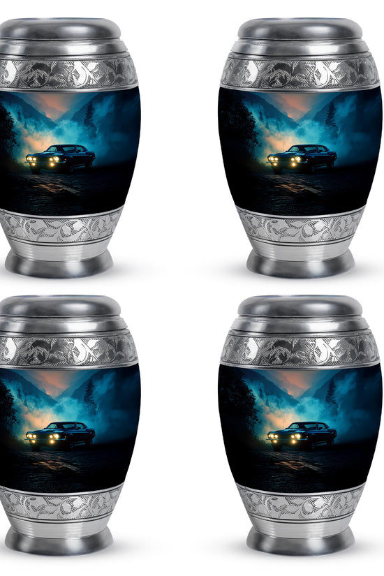 Indigo Car Cremation Urn urn with complimentary velvet bag - regal car design with crown-inspired accents - 10 inch aluminum urn for cremated remains