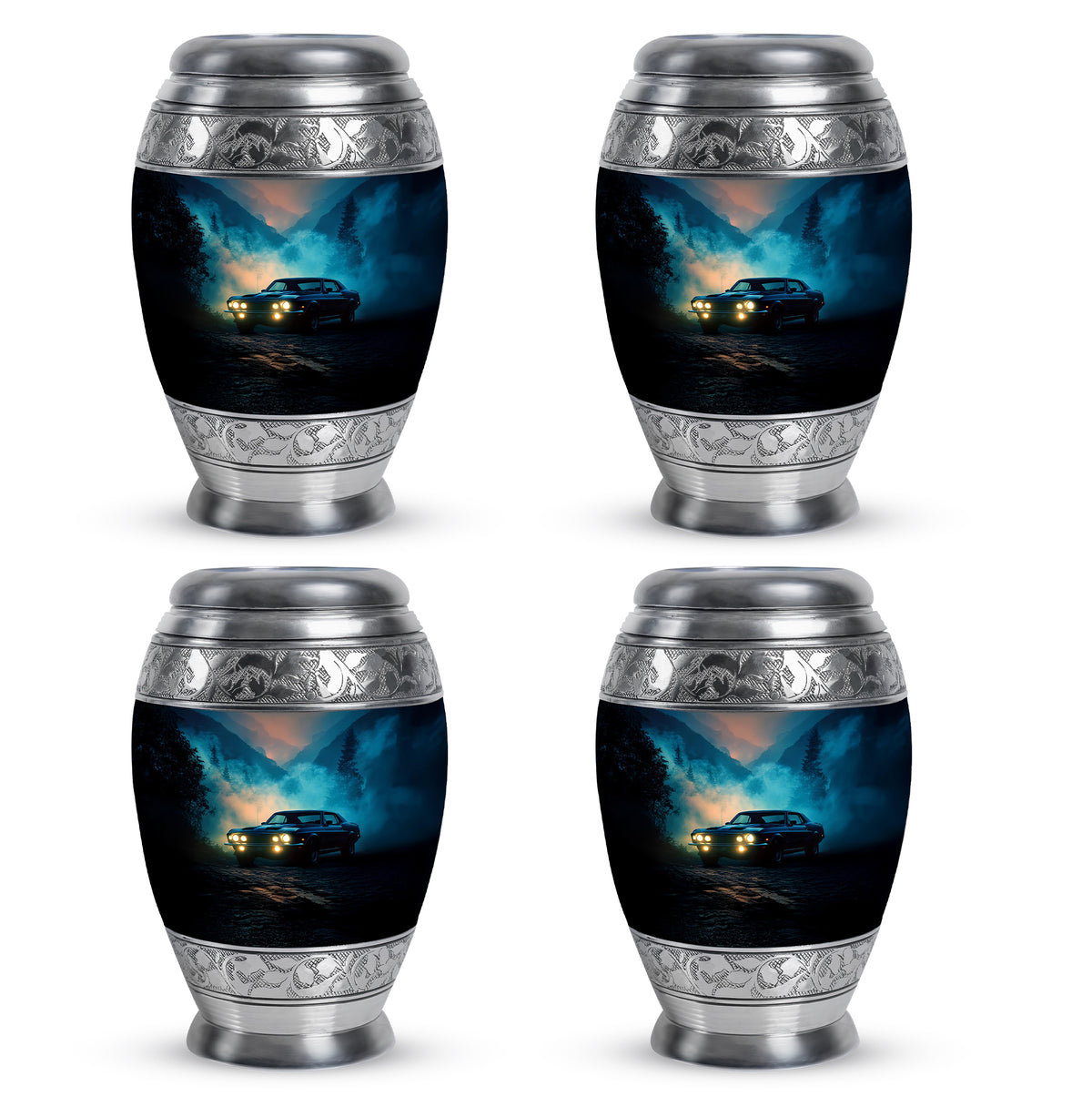 Indigo Car Cremation Urn urn with complimentary velvet bag - regal car design with crown-inspired accents - 10 inch aluminum urn for cremated remains