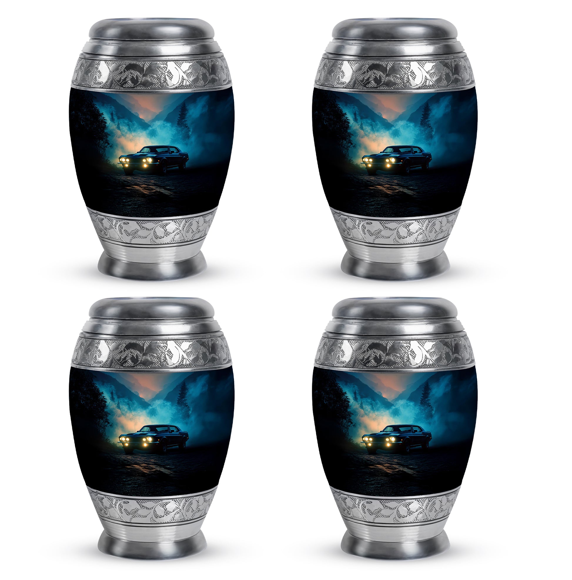 Indigo Car Cremation Urn urn with complimentary velvet bag - regal car design with crown-inspired accents - 10 inch aluminum urn for cremated remains