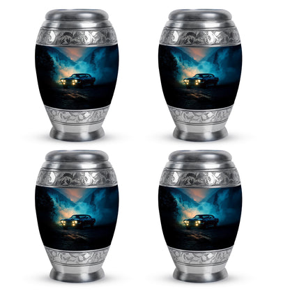 Indigo Car Cremation Urn urn with complimentary velvet bag - regal car design with crown-inspired accents - 10 inch aluminum urn for cremated remains