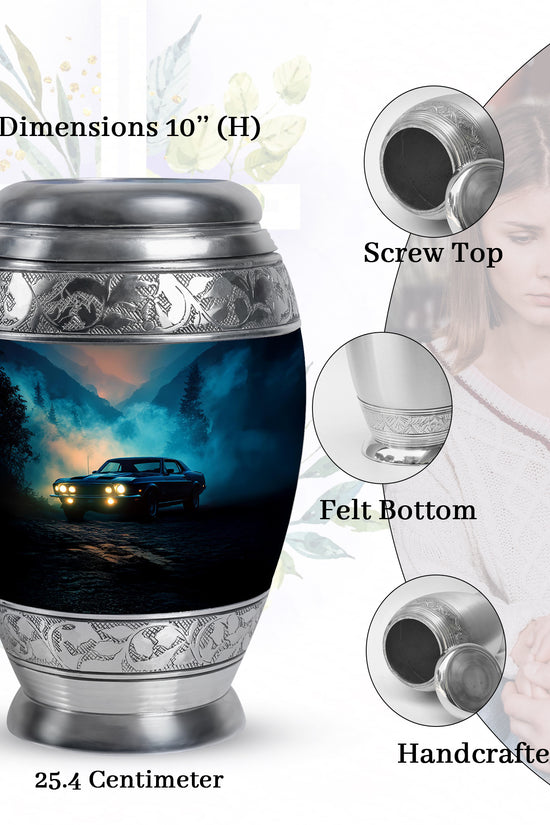 Soft Blue Car Cremation Urn lifestyle display on memorial shelf - majestic car pattern with filigree border - mini keepsake memorial for portion of cremation ashes