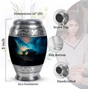 Soft Blue Car Cremation Urn lifestyle display on memorial shelf - majestic car pattern with filigree border - mini keepsake memorial for portion of cremation ashes