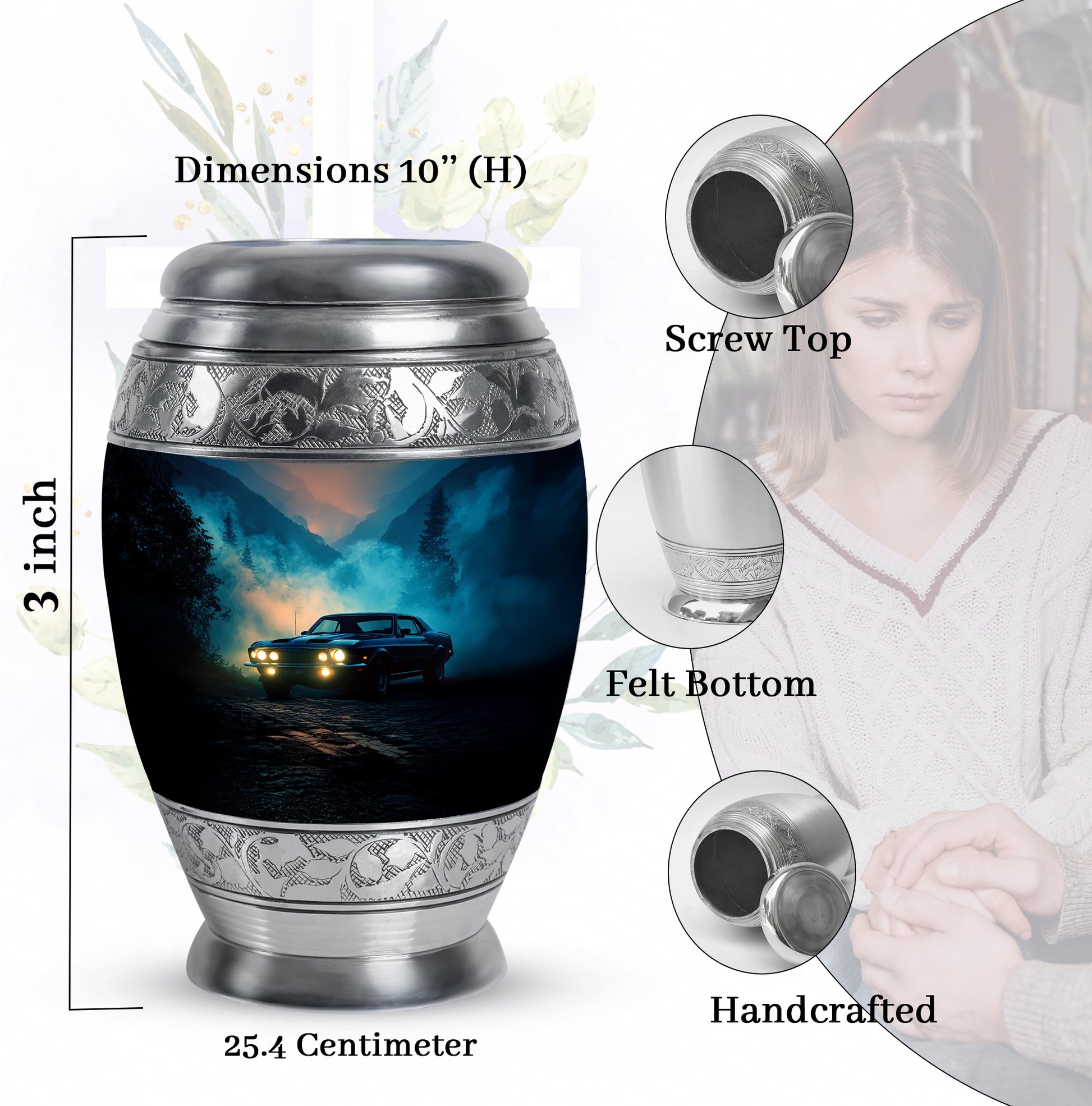 Soft Blue Car Cremation Urn lifestyle display on memorial shelf - majestic car pattern with filigree border - mini keepsake memorial for portion of cremation ashes