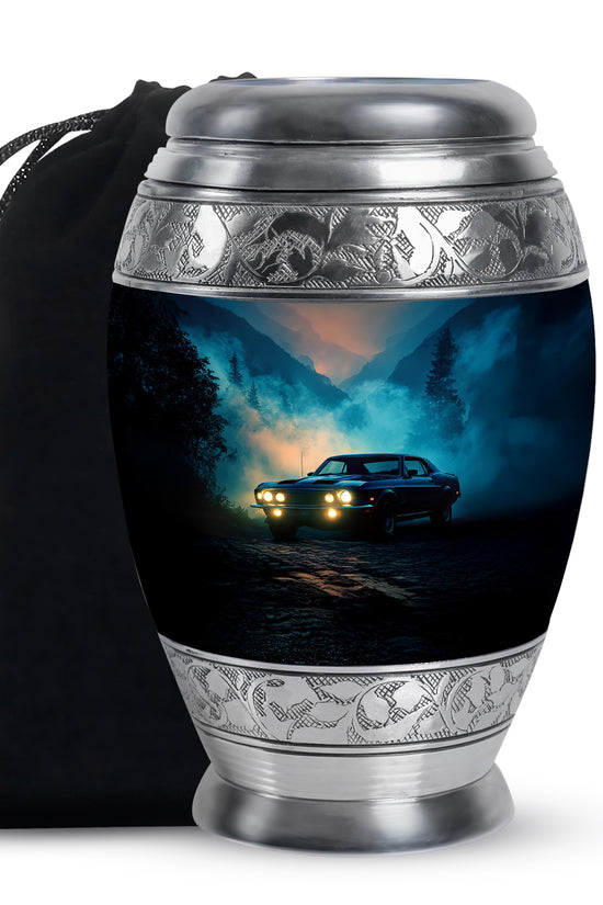 Pastel Blue Car Cremation Urn back view with polished surface - regal car design with crown-inspired accents - full-size 10 inch 200 cubic inch adult cremation urn