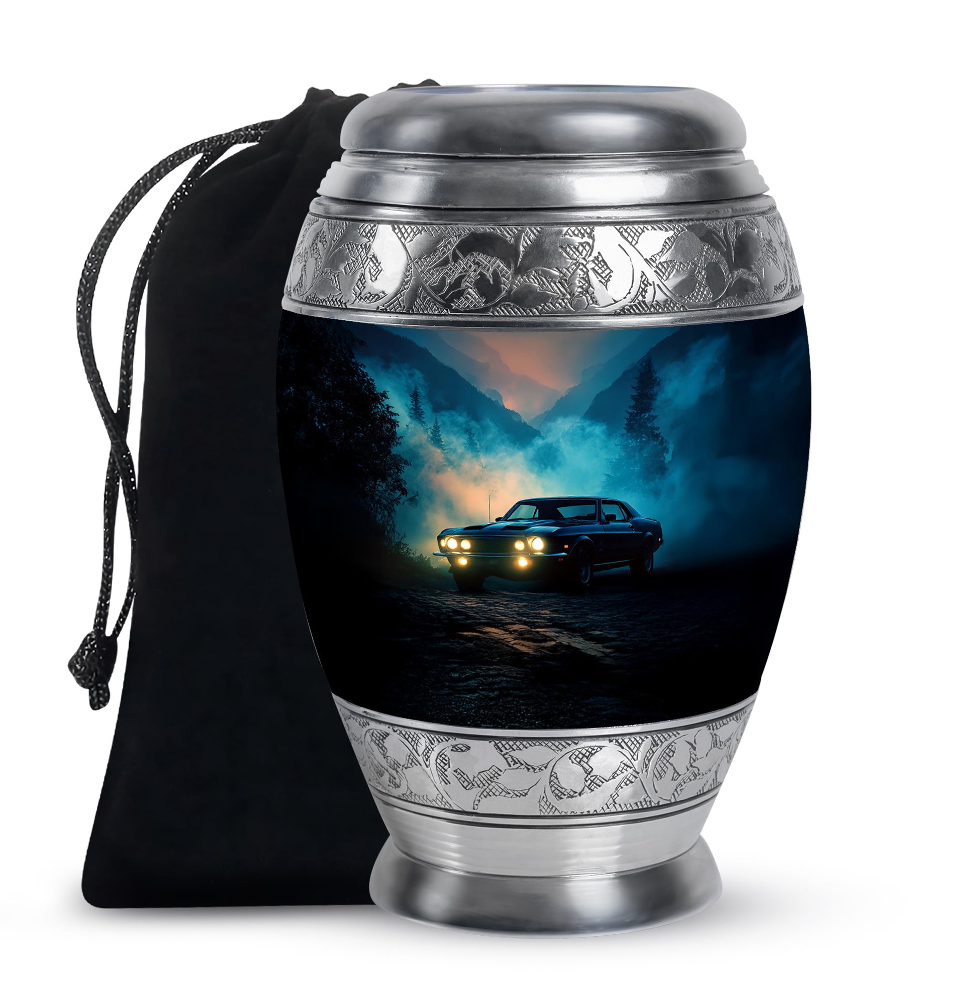 Pastel Blue Car Cremation Urn back view with polished surface - regal car design with crown-inspired accents - full-size 10 inch 200 cubic inch adult cremation urn