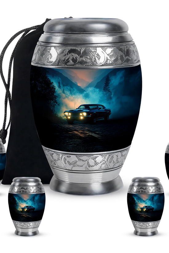 Misty Blue Car Cremation Urn detail view - ornate monarch-style car relief on brushed aluminum - memorial set with one large and four small urns