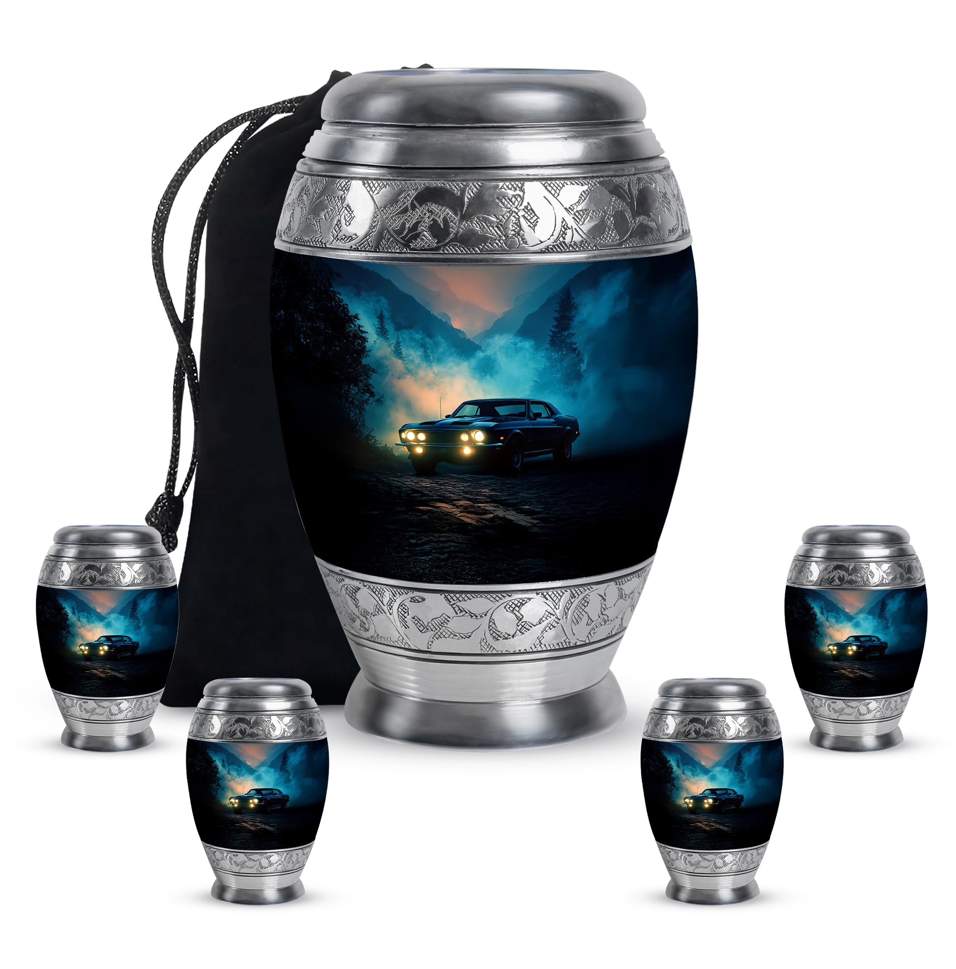 Misty Blue Car Cremation Urn detail view - ornate monarch-style car relief on brushed aluminum - memorial set with one large and four small urns