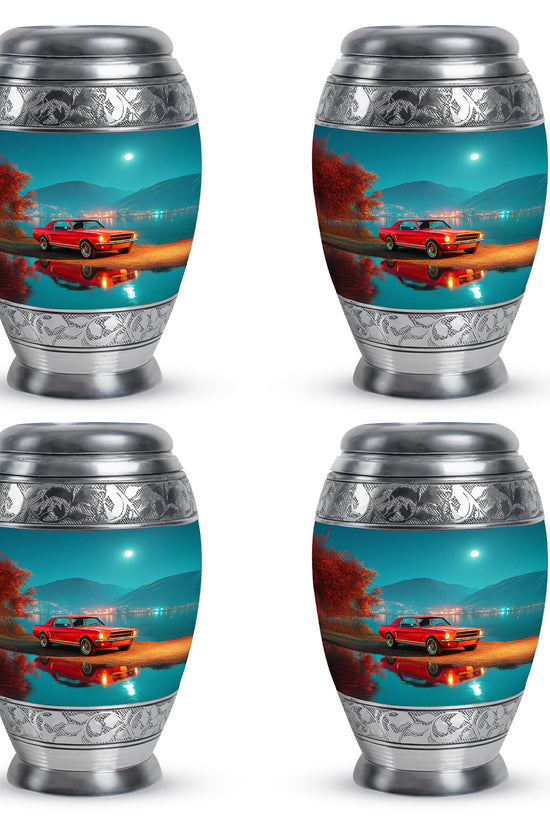 Aqua Teal Car Cremation Urn urn with complimentary velvet bag - royal car engraving with decorative scrollwork - 10 inch aluminum urn for cremated remains