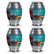 Aqua Teal Car Cremation Urn urn with complimentary velvet bag - royal car engraving with decorative scrollwork - 10 inch aluminum urn for cremated remains