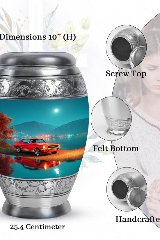 Soft Teal Car Cremation Urn lifestyle display on memorial shelf - ornate monarch-style car relief on brushed aluminum - mini keepsake memorial for portion of cremation ashes