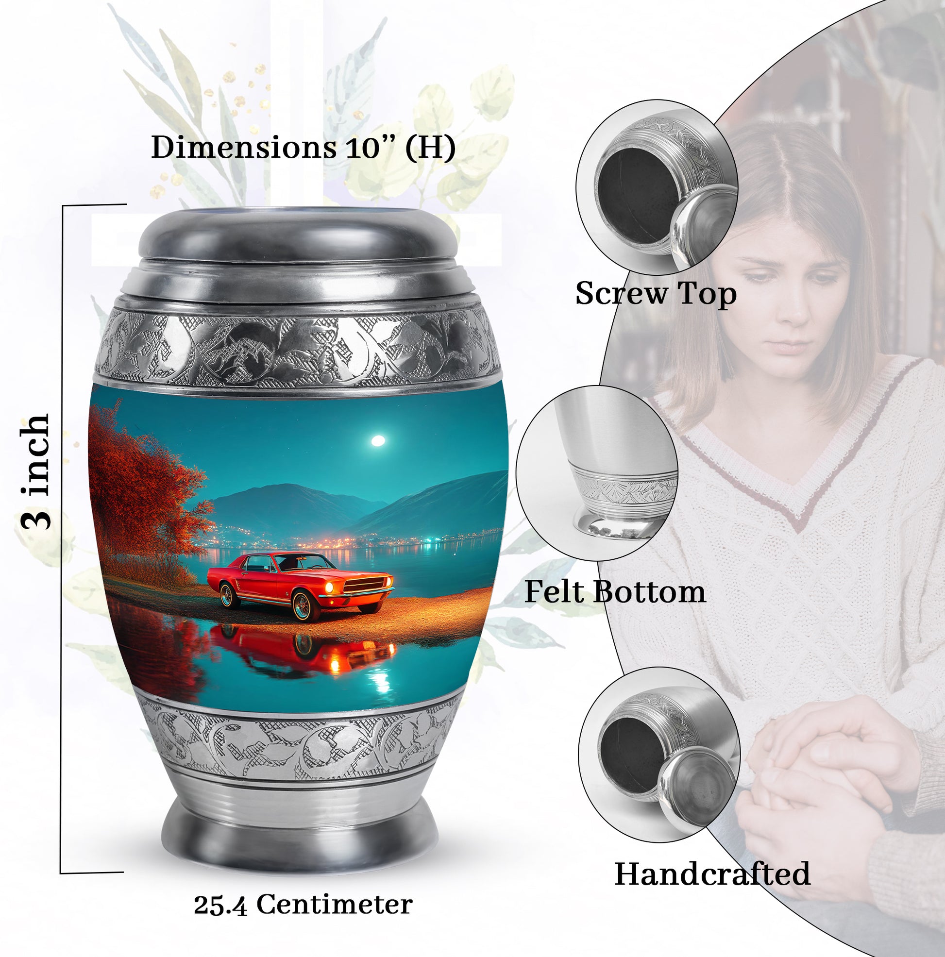 Soft Teal Car Cremation Urn lifestyle display on memorial shelf - ornate monarch-style car relief on brushed aluminum - mini keepsake memorial for portion of cremation ashes