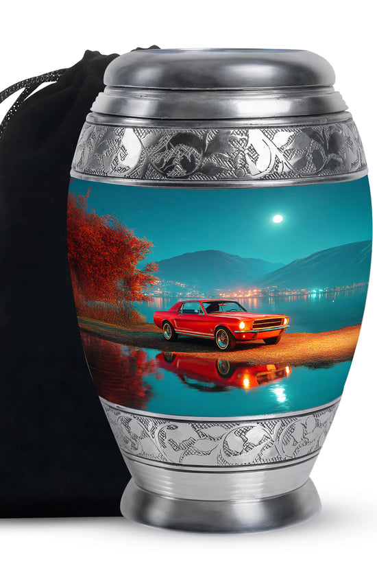 Mystic Teal Car Cremation Urn back view with polished surface - royal car engraving with decorative scrollwork - full-size 10 inch 200 cubic inch adult cremation urn