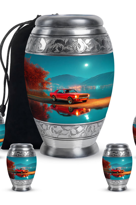 Ocean Teal Car Cremation Urn detail view - regal car design with crown-inspired accents - memorial set with one large and four small urns