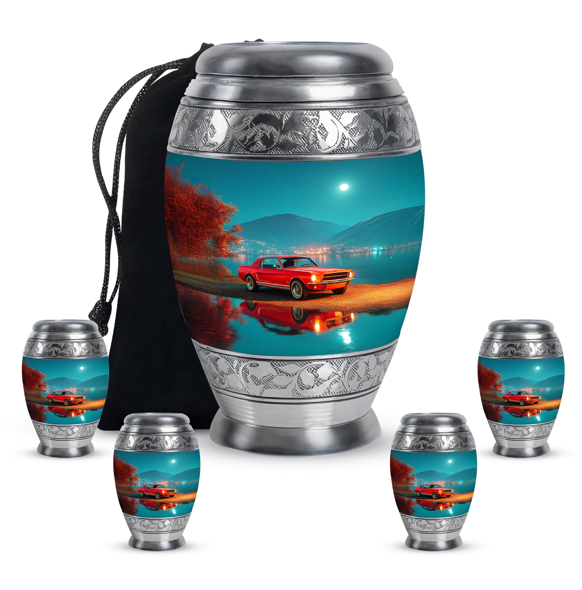 Ocean Teal Car Cremation Urn detail view - regal car design with crown-inspired accents - memorial set with one large and four small urns