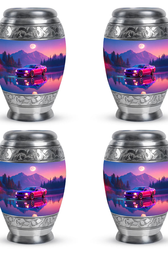 Vivid Blue Car Cremation Urn urn with complimentary velvet bag - majestic car pattern with filigree border - 10 inch aluminum urn for cremated remains