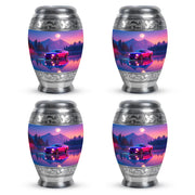 Vivid Blue Car Cremation Urn urn with complimentary velvet bag - majestic car pattern with filigree border - 10 inch aluminum urn for cremated remains