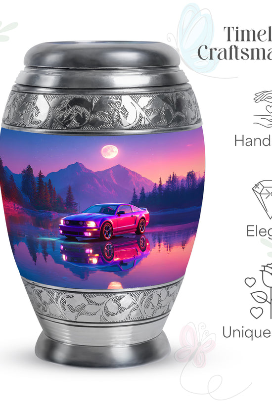Bright Blue Car Cremation Urn lifestyle display on memorial shelf - majestic car pattern with filigree border - mini keepsake memorial for portion of cremation ashes