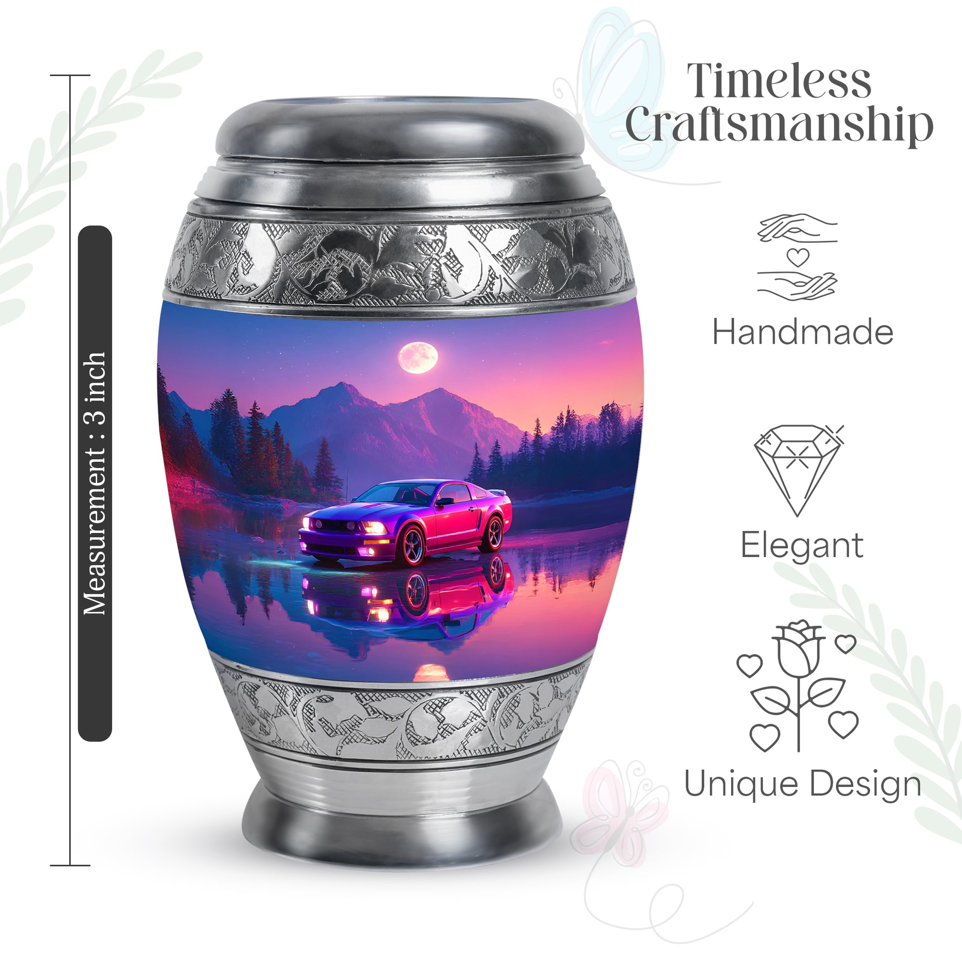 Bright Blue Car Cremation Urn lifestyle display on memorial shelf - majestic car pattern with filigree border - mini keepsake memorial for portion of cremation ashes