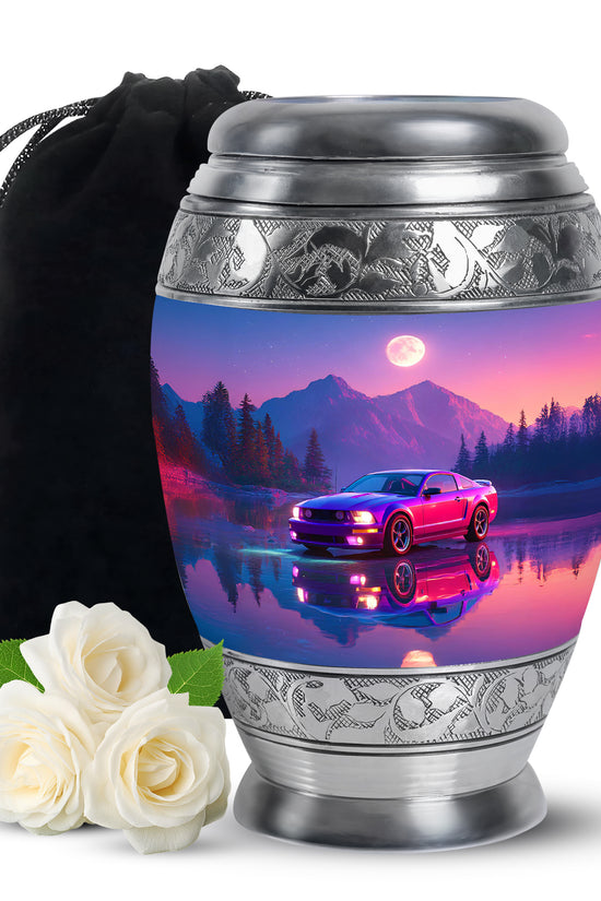 Icy Blue Car Cremation Urn back view with polished surface - ornate monarch-style car relief on brushed aluminum - full-size 10 inch 200 cubic inch adult cremation urn