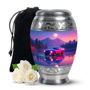 Icy Blue Car Cremation Urn back view with polished surface - ornate monarch-style car relief on brushed aluminum - full-size 10 inch 200 cubic inch adult cremation urn