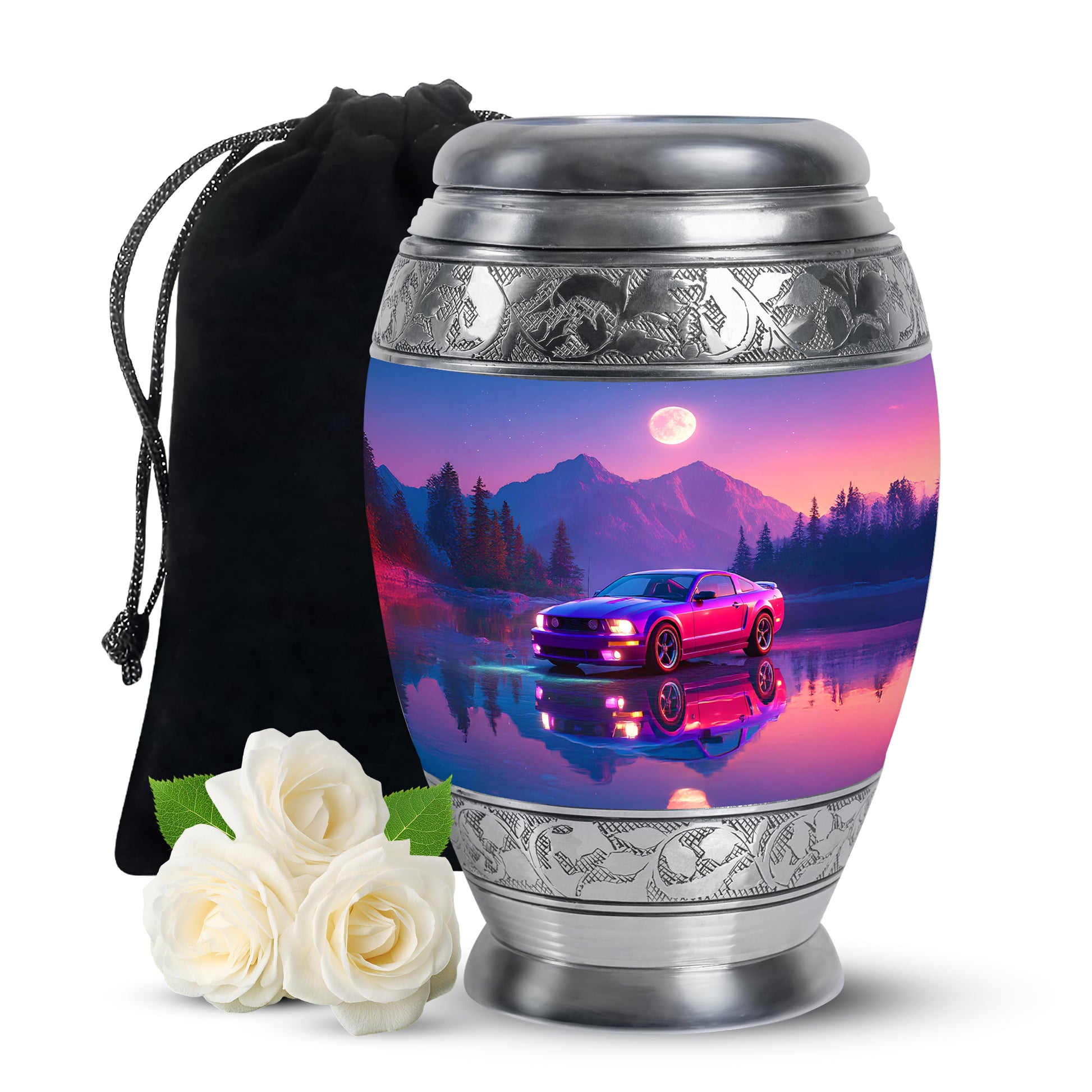 Icy Blue Car Cremation Urn back view with polished surface - ornate monarch-style car relief on brushed aluminum - full-size 10 inch 200 cubic inch adult cremation urn
