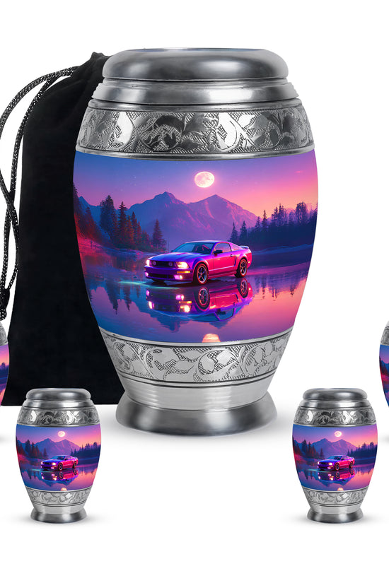 Vivid Blue Car Cremation Urn detail view - majestic car pattern with filigree border - memorial set with one large and four small urns