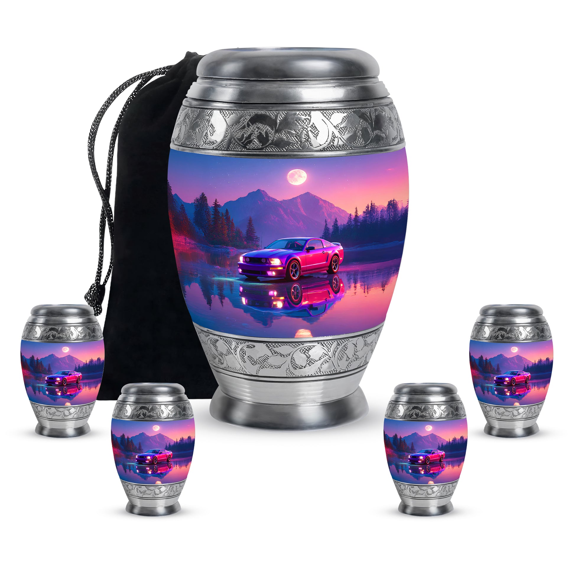 Vivid Blue Car Cremation Urn detail view - majestic car pattern with filigree border - memorial set with one large and four small urns
