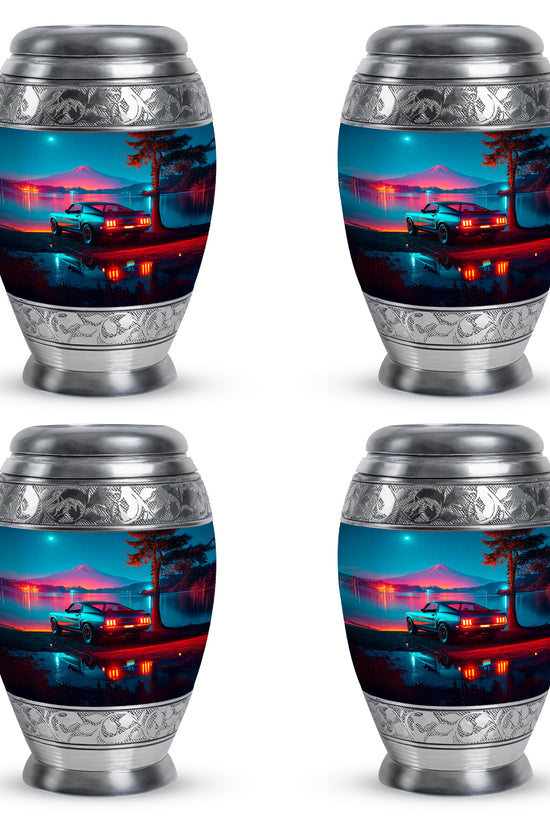 Serene Blue Car Cremation Urn urn with complimentary velvet bag - royal car engraving with decorative scrollwork - 10 inch aluminum urn for cremated remains