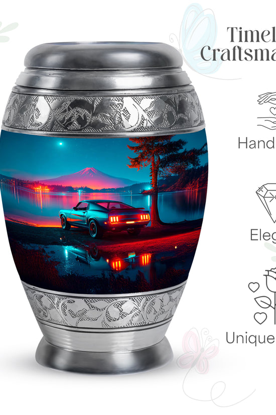 Dusty Blue Car Cremation Urn lifestyle display on memorial shelf - regal car design with crown-inspired accents - mini keepsake memorial for portion of cremation ashes