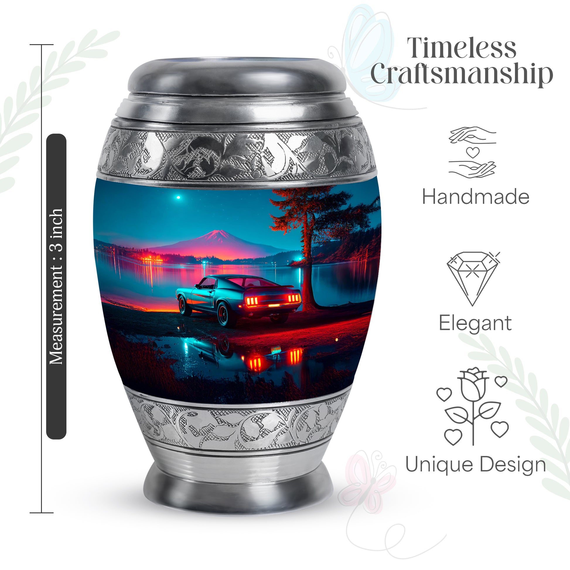Dusty Blue Car Cremation Urn lifestyle display on memorial shelf - regal car design with crown-inspired accents - mini keepsake memorial for portion of cremation ashes