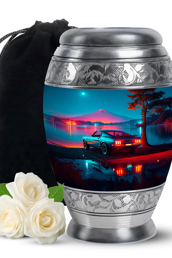 Icy Blue Car Cremation Urn back view with polished surface - regal car design with crown-inspired accents - full-size 10 inch 200 cubic inch adult cremation urn