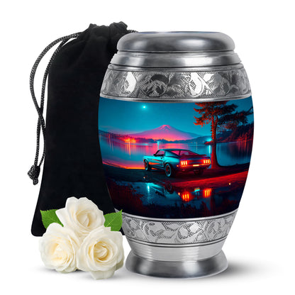 Icy Blue Car Cremation Urn back view with polished surface - regal car design with crown-inspired accents - full-size 10 inch 200 cubic inch adult cremation urn