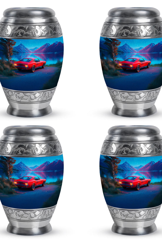 Dusty Blue Car Cremation Urn urn with complimentary velvet bag - regal car design with crown-inspired accents - 10 inch aluminum urn for cremated remains