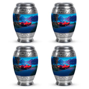 Dusty Blue Car Cremation Urn urn with complimentary velvet bag - regal car design with crown-inspired accents - 10 inch aluminum urn for cremated remains