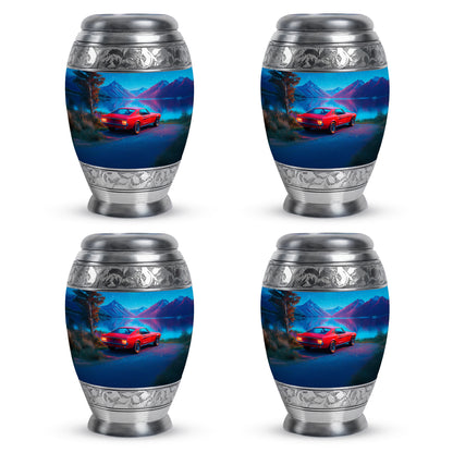 Dusty Blue Car Cremation Urn urn with complimentary velvet bag - regal car design with crown-inspired accents - 10 inch aluminum urn for cremated remains