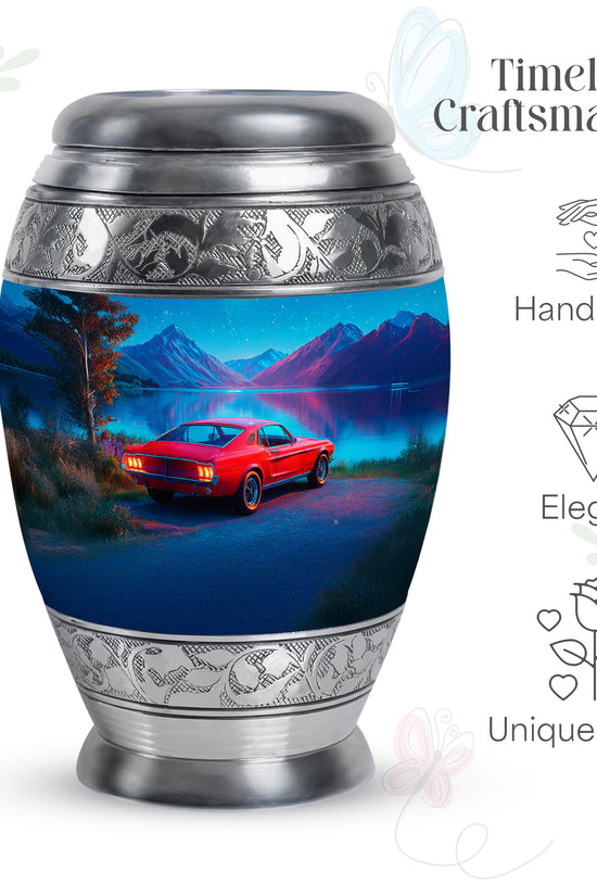Steel Blue Car Cremation Urn lifestyle display on memorial shelf - royal car engraving with decorative scrollwork - mini keepsake memorial for portion of cremation ashes