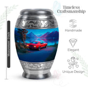 Steel Blue Car Cremation Urn lifestyle display on memorial shelf - royal car engraving with decorative scrollwork - mini keepsake memorial for portion of cremation ashes