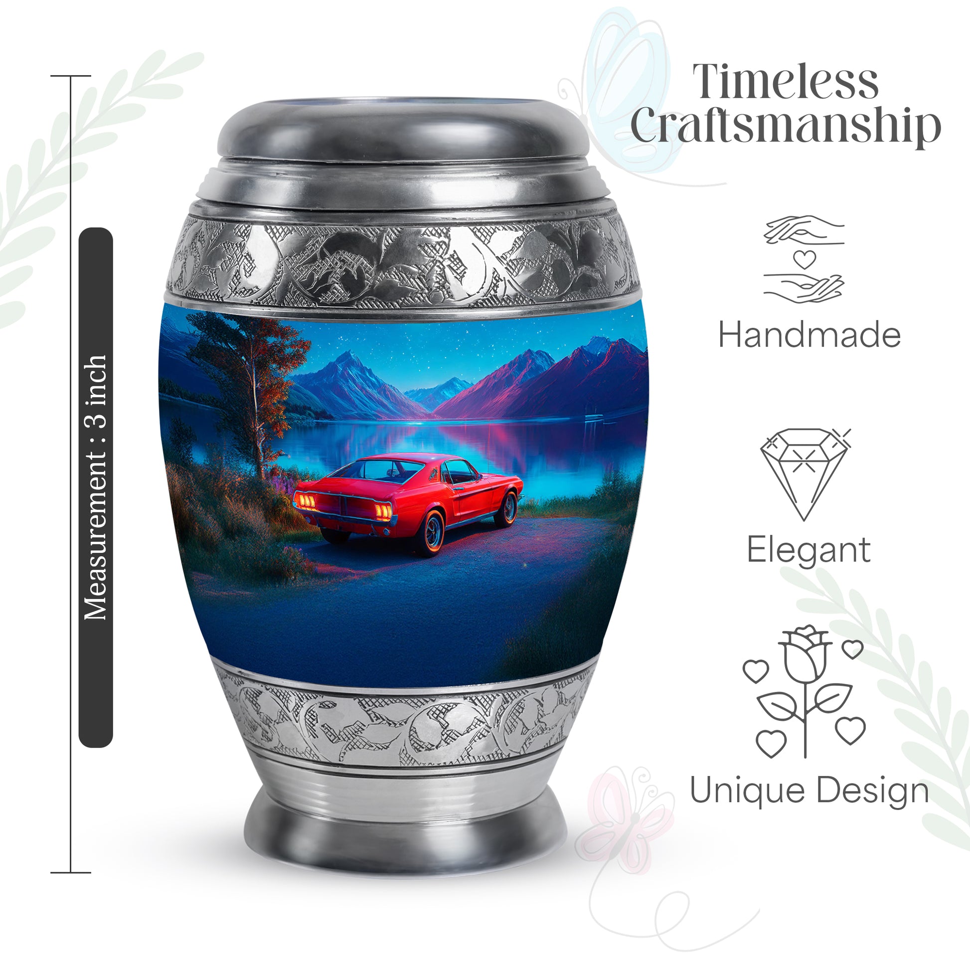 Steel Blue Car Cremation Urn lifestyle display on memorial shelf - royal car engraving with decorative scrollwork - mini keepsake memorial for portion of cremation ashes