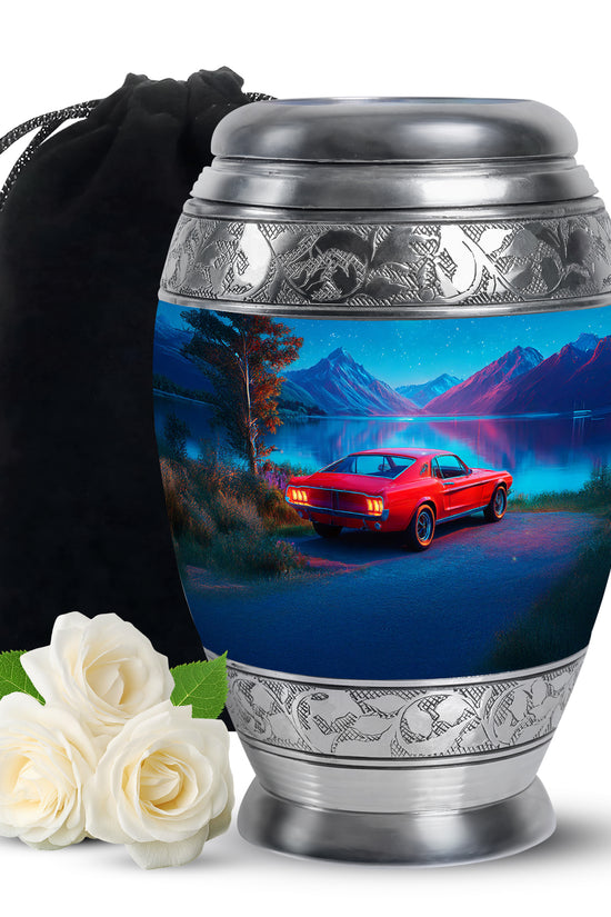 Navy Blue Car Cremation Urn back view with polished surface - ornate monarch-style car relief on brushed aluminum - full-size 10 inch 200 cubic inch adult cremation urn