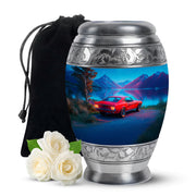 Navy Blue Car Cremation Urn back view with polished surface - ornate monarch-style car relief on brushed aluminum - full-size 10 inch 200 cubic inch adult cremation urn