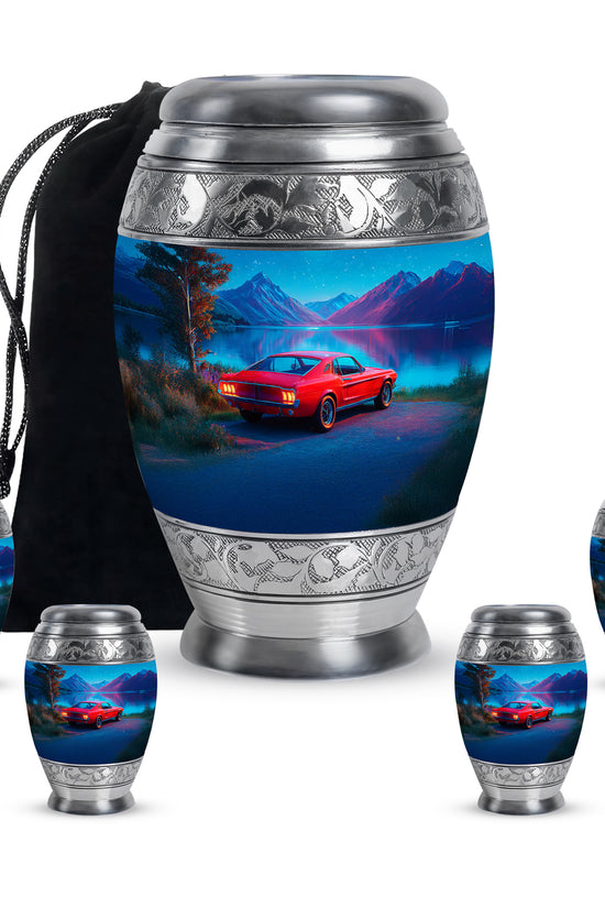 Sapphire Blue Car Cremation Urn detail view - royal car engraving with decorative scrollwork - memorial set with one large and four small urns