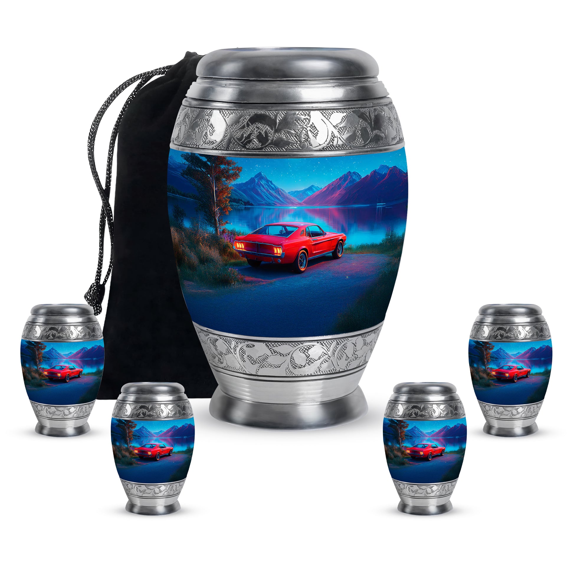 Sapphire Blue Car Cremation Urn detail view - royal car engraving with decorative scrollwork - memorial set with one large and four small urns